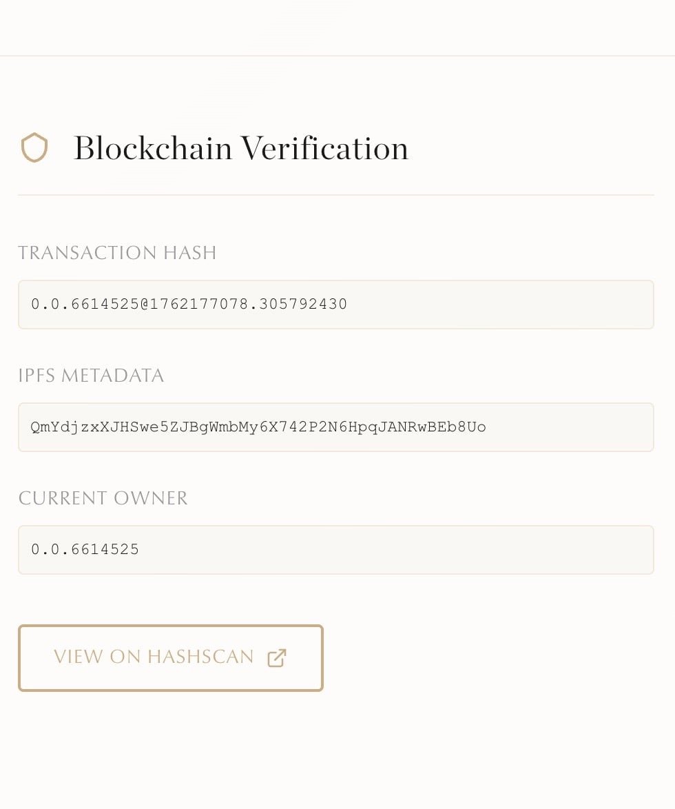 Détail d'une transaction Hedera — horodatage et référence de lot