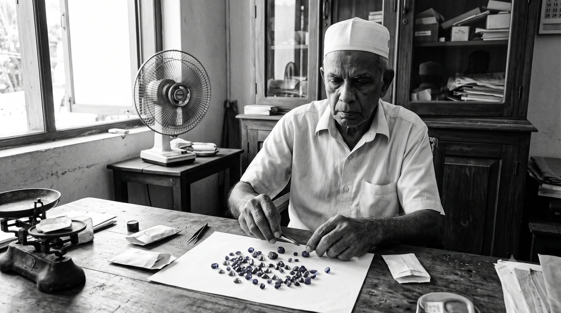 A dealer sorting a paper of sapphires with tweezers on his wooden table