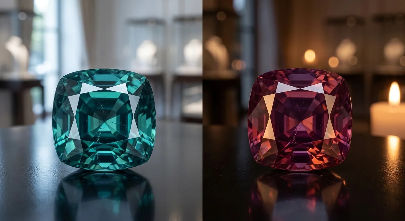 Natural alexandrite gem showing green-to-red color change under different light sources