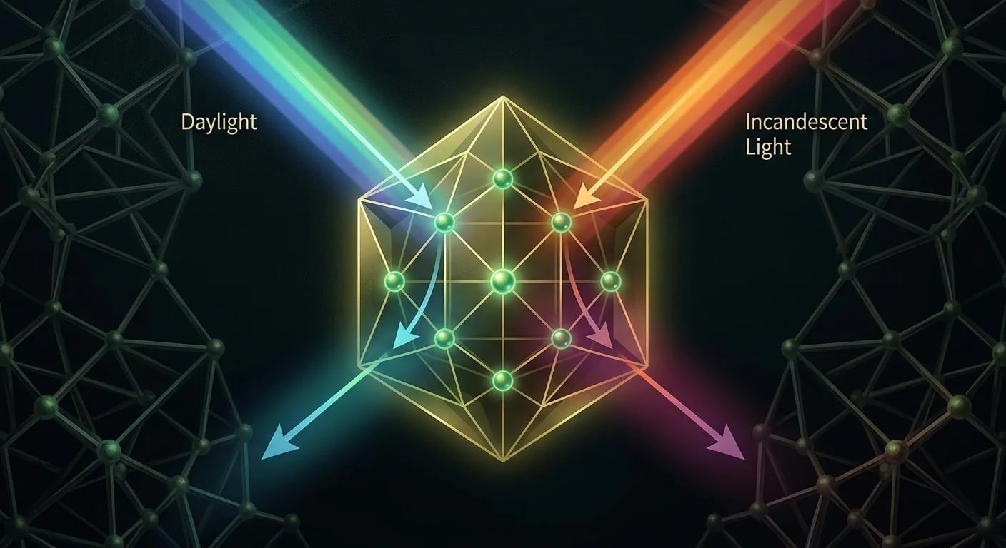 Diagram showing how chromium atoms inside the chrysoberyl crystal lattice absorb yellow wavelengths, causing an alexandrite gem to appear green in daylight and red under incandescent bulbs.