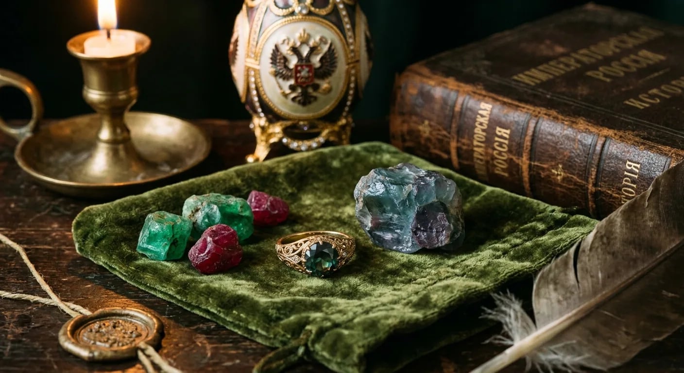 A vintage-style display of rough alexandrite alongside a faceted alexandrite ring, evoking the gem's 1834 discovery in Russia's Ural Mountains.