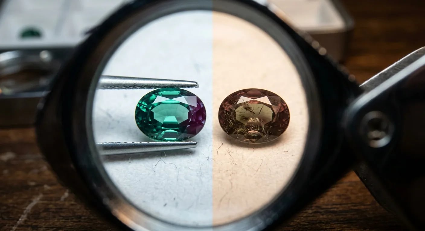 A gemologist examining two alexandrite gems through a loupe, comparing the intensity of their color change and internal clarity.