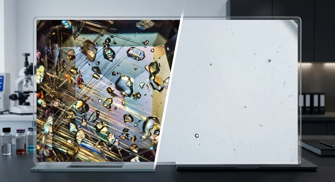 Side-by-side comparison under magnification: a natural alexandrite gem with characteristic silk inclusions next to a flawless lab-grown alexandrite.