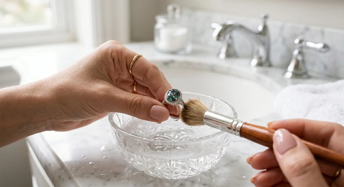 Close-up of an alexandrite ring being gently cleaned with warm soapy water and a soft brush, demonstrating proper gemstone care technique.