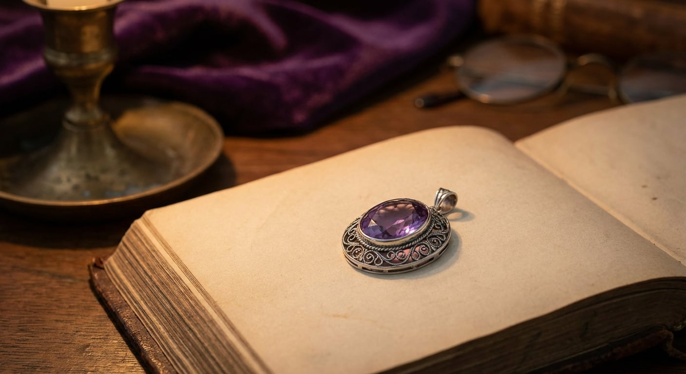 一个复古风格的紫水晶吊坠放在古书上,象征着紫水晶的灵性意义及其皇室历史。