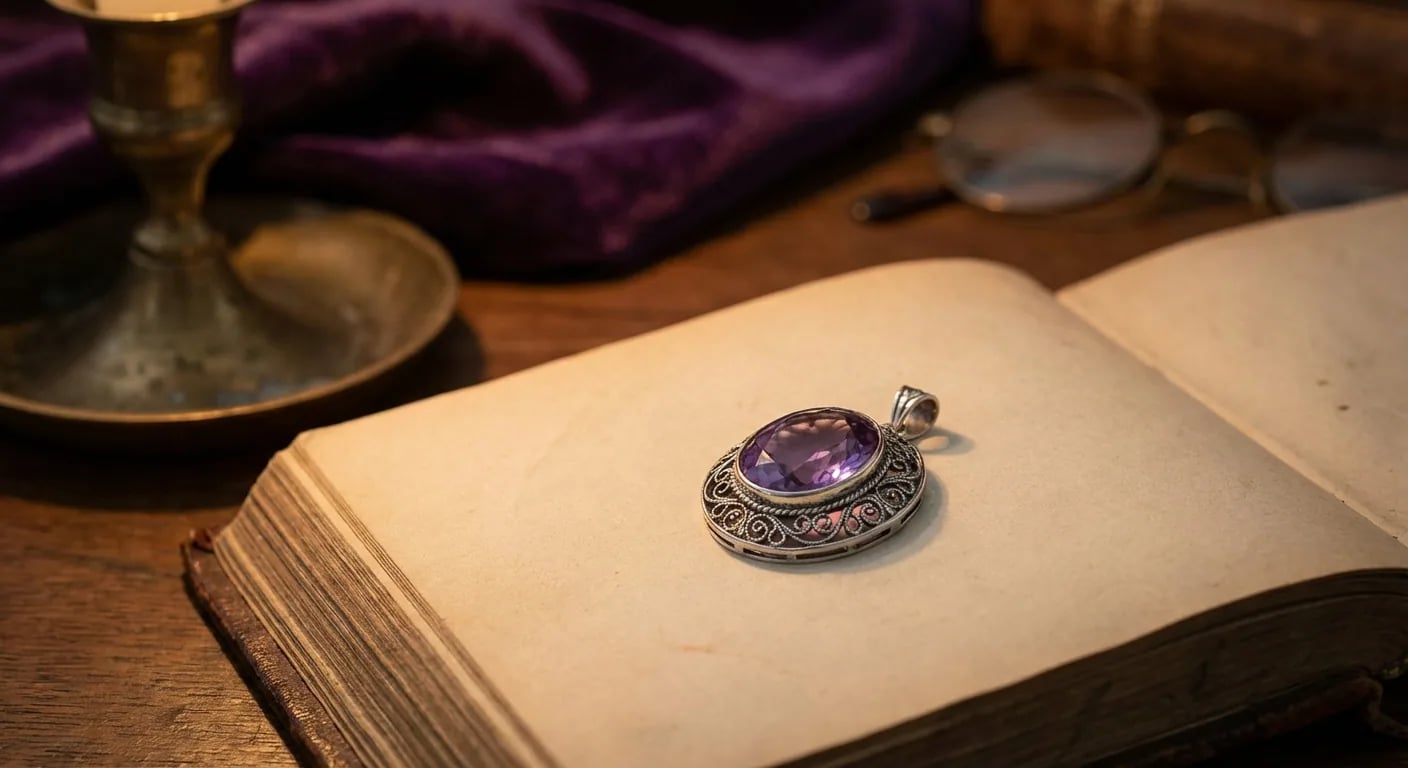 Аметистовая подвеска в винтажном стиле, лежащая на старинной книге, символизирующая духовное значение аметиста и его королевскую историю.