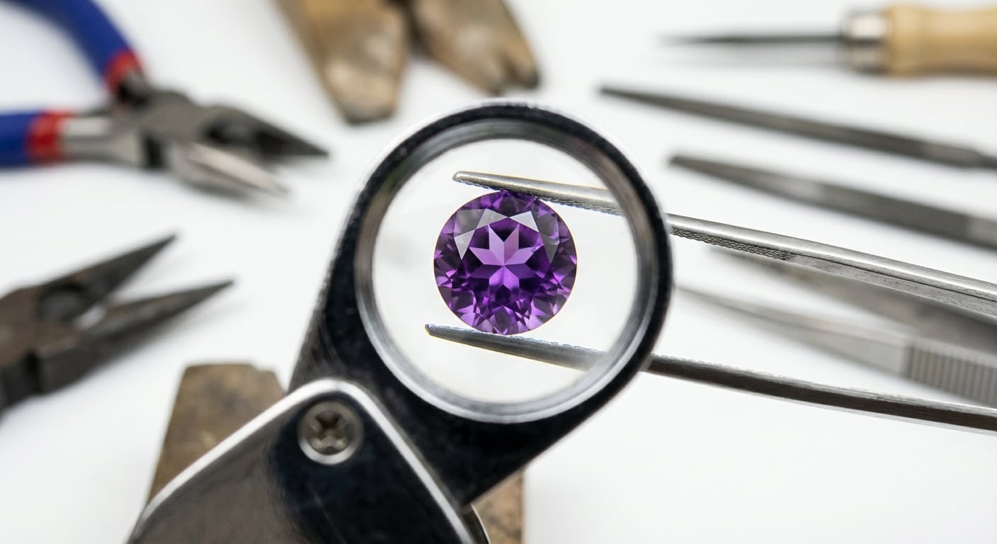 珠宝商放大镜检查切割紫水晶的特写,展示真正紫水晶珠宝品质的评估。