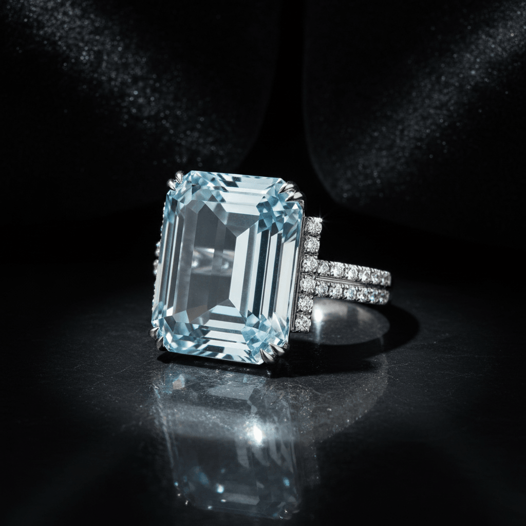 Emerald cut aquamarine ring in white gold, sky blue step cut stone shown on a dark table