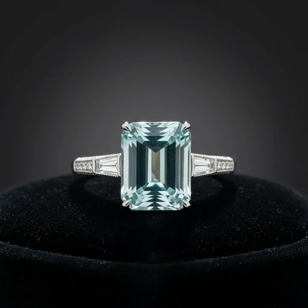 Loose emerald cut aquamarine beside a finished aquamarine ring emerald cut in white gold