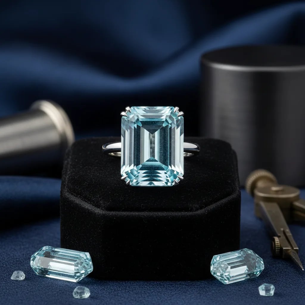 Emerald cut aquamarine showing the wide step cut table and deep even blue color