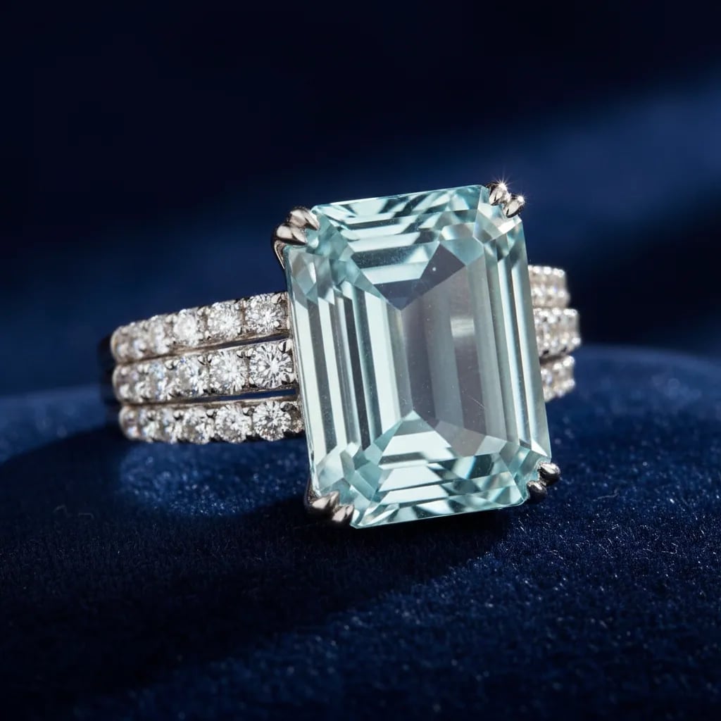 Emerald cut aquamarine tilted under light to reveal whether the center shows a window