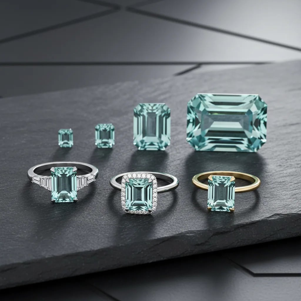 Emerald cut aquamarines in different length to width ratios from square to elongated