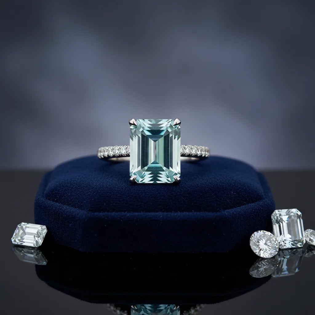 Emerald cut aquamarine ring in a protective bezel setting suited to everyday wear