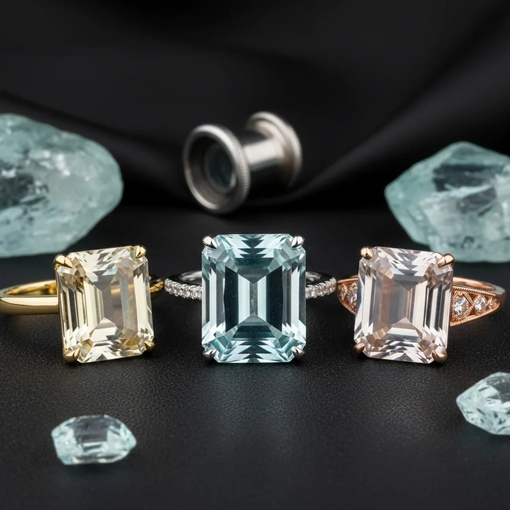 Emerald cut aquamarine ring in white gold next to a rose gold version showing how metal changes the blue