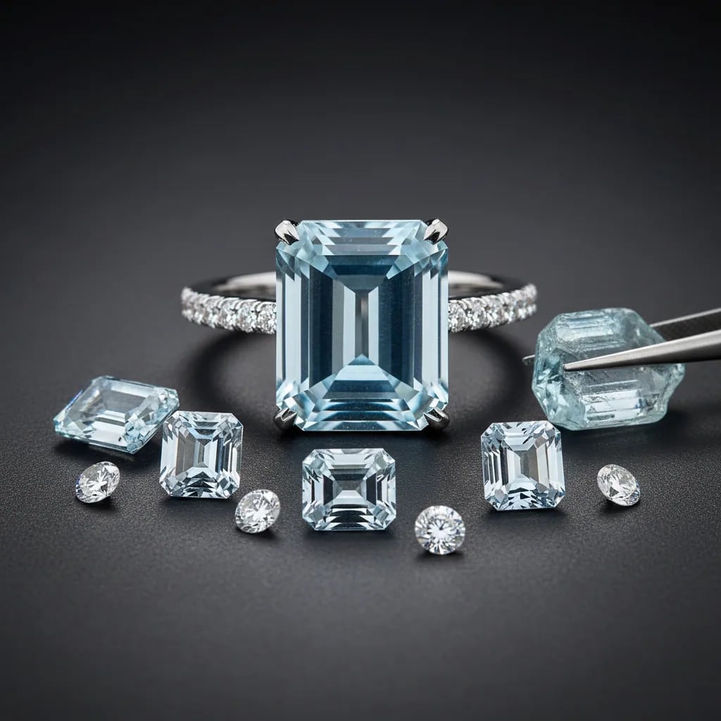 Selection of emerald cut aquamarine rings across quality and price ranges