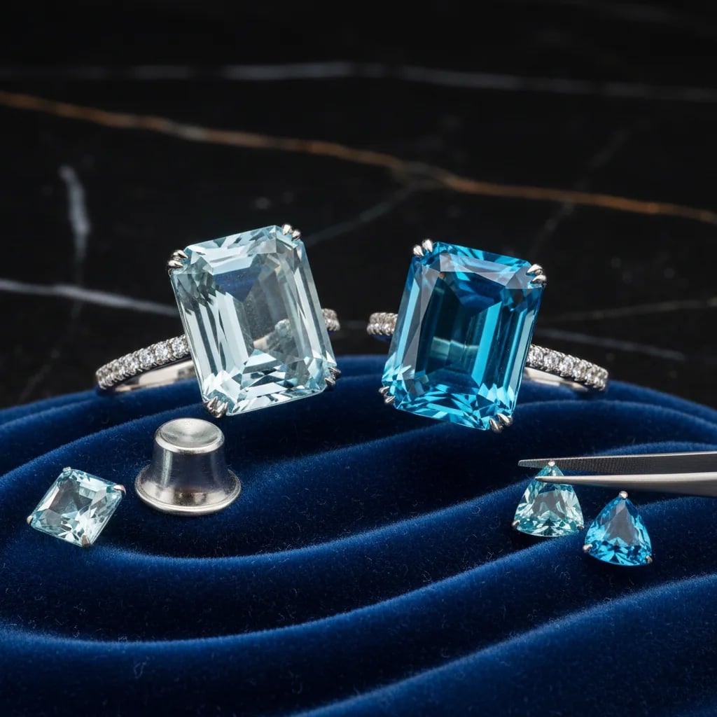 Emerald cut aquamarine compared with emerald cut blue topaz showing the difference in blue tone