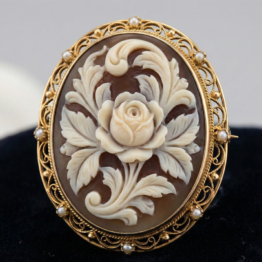 Викторианская брошь-камея из сардоникса с детальной резьбой