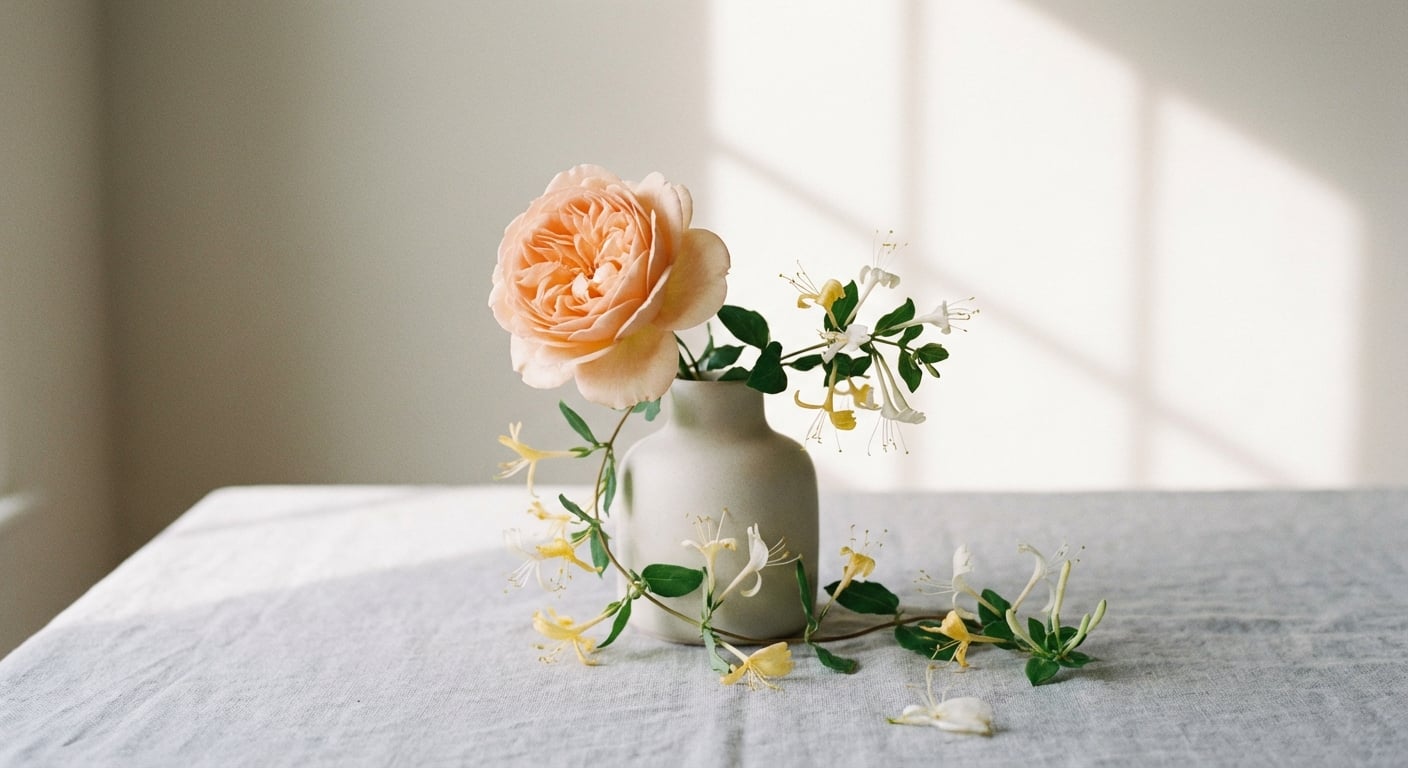 A sophisticated still life of June's birth flowers, a timeless pink rose and a delicate vine of honeysuckle, symbolizing love and devotion.