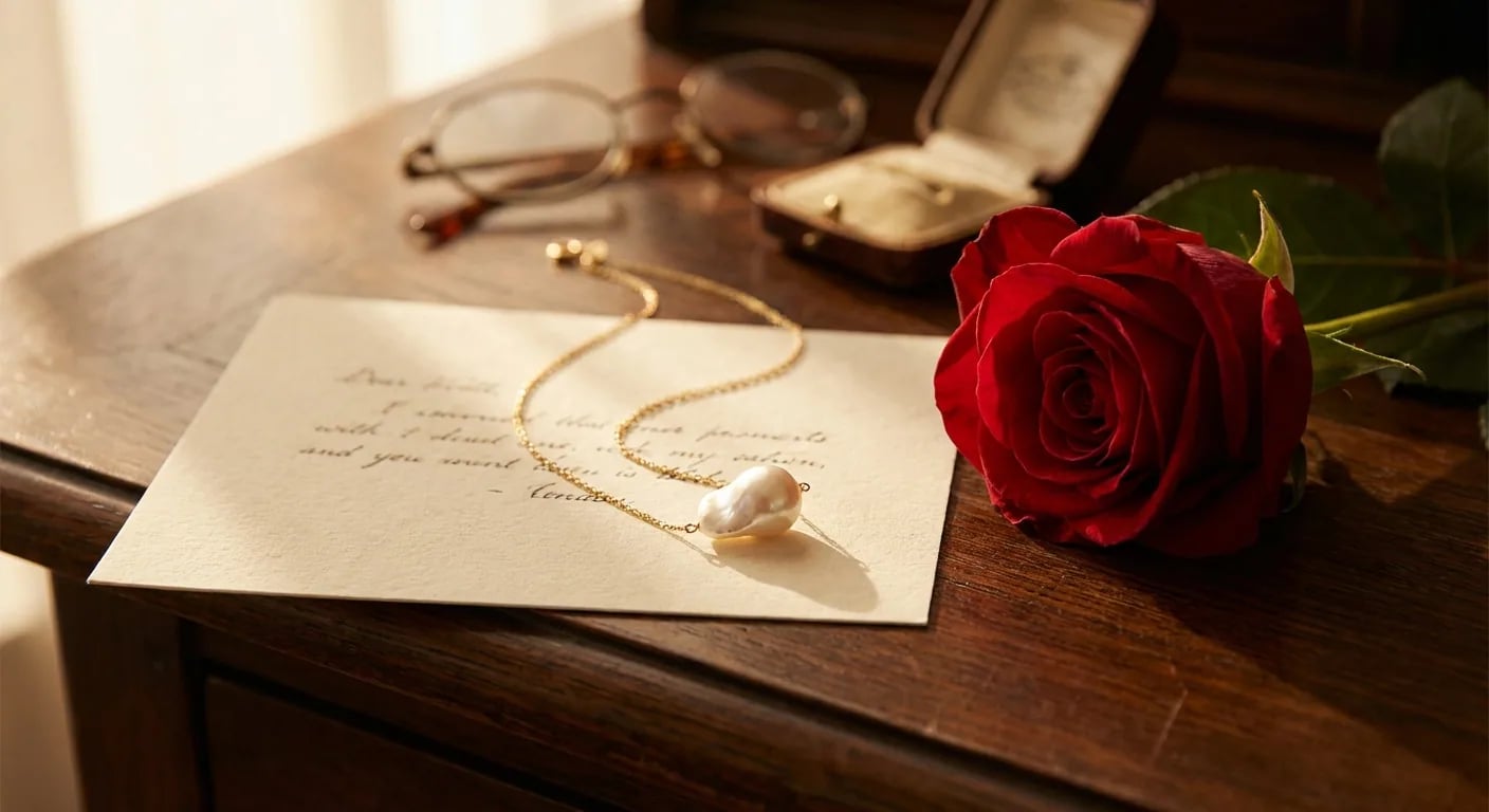Image narrative montrant un collier de perles moderne posé à côté d'une rose rouge profond, illustrant la signification combinée des symboles de juin pour un cadeau.