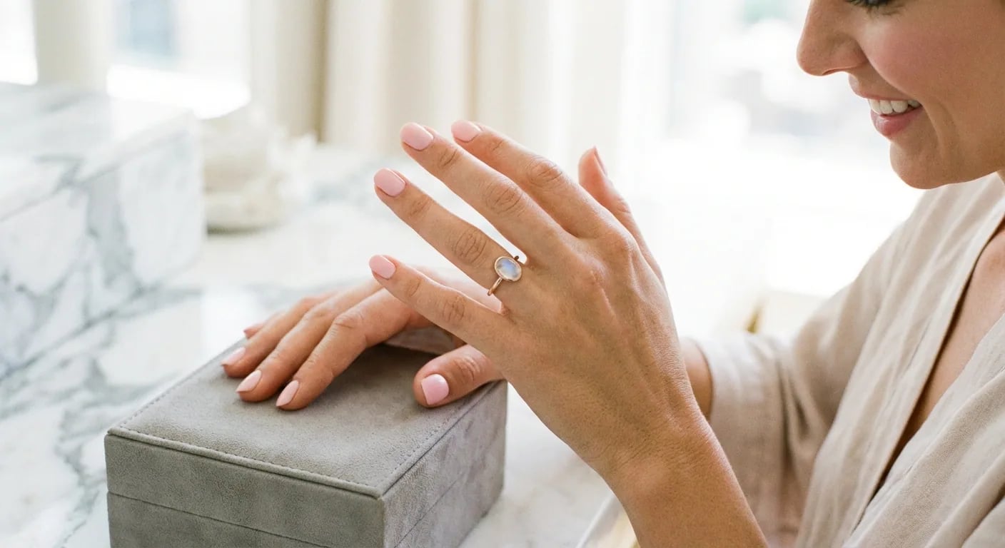 Une femme élégante avec une manucure neutre essayant une bague sophistiquée en pierre de lune, représentant le choix d'un cadeau d'anniversaire de juin parfait.