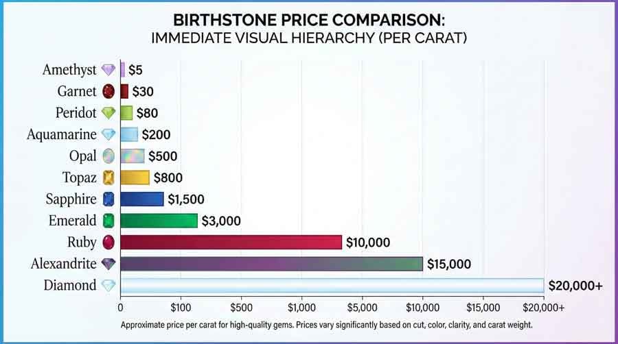 مخطط مقارنة أسعار أحجار الميلاد يظهر الجمشت عند 5 دولارات للقيراط كأرخص والماس عند 20,000 دولار للقيراط كأغلى