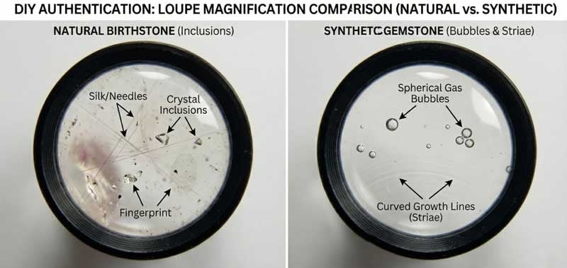 مقارنة التكبير بالعدسة تظهر شوائب حجر الميلاد الطبيعي مقابل فقاعات الحجر الكريم الاصطناعي للمصادقة
