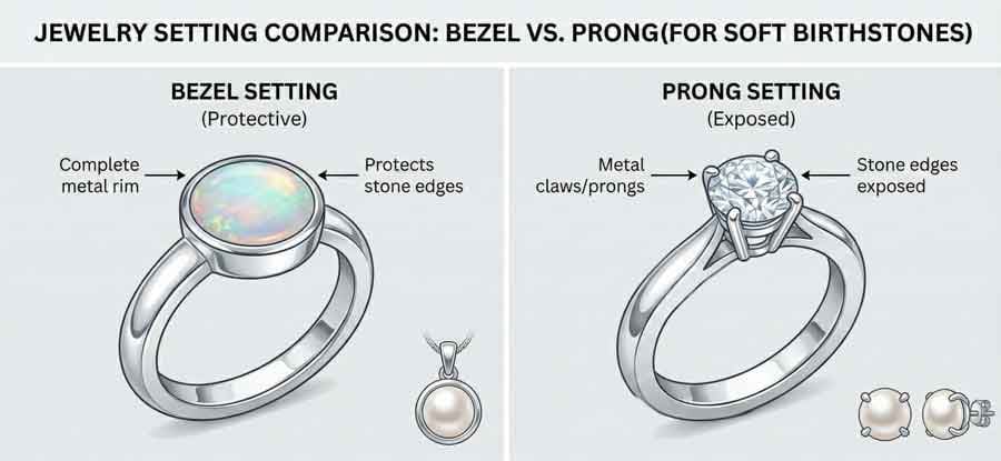 مقارنة الترصيع المحيطي مقابل الترصيع بالشوكات تظهر الإطار المعدني الواقي للأحجار الناعمة مثل الأوبال ومجوهرات اللؤلؤ