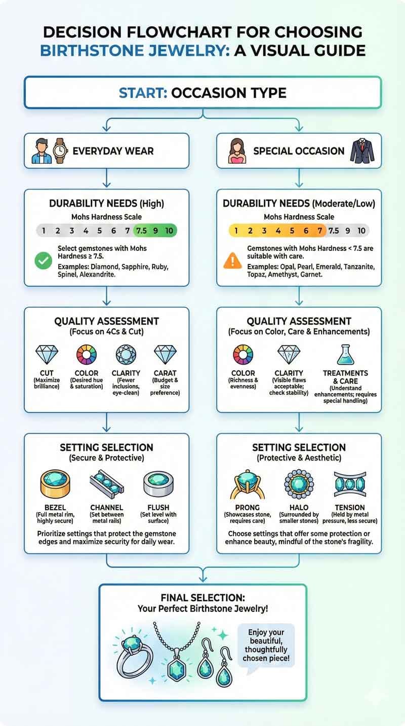 مخطط انسيابي لاتخاذ القرار لاختيار مجوهرات أحجار الميلاد يوضح نوع المناسبة واحتياجات المتانة وتقييم الجودة واختيار الترصيع