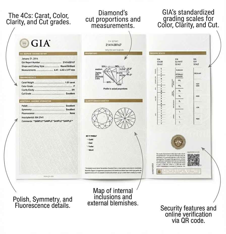 شهادة GIA للأحجار الكريمة تظهر الكشف عن المعالجة والقياسات وتفاصيل المصادقة للتحقق من حجر الميلاد