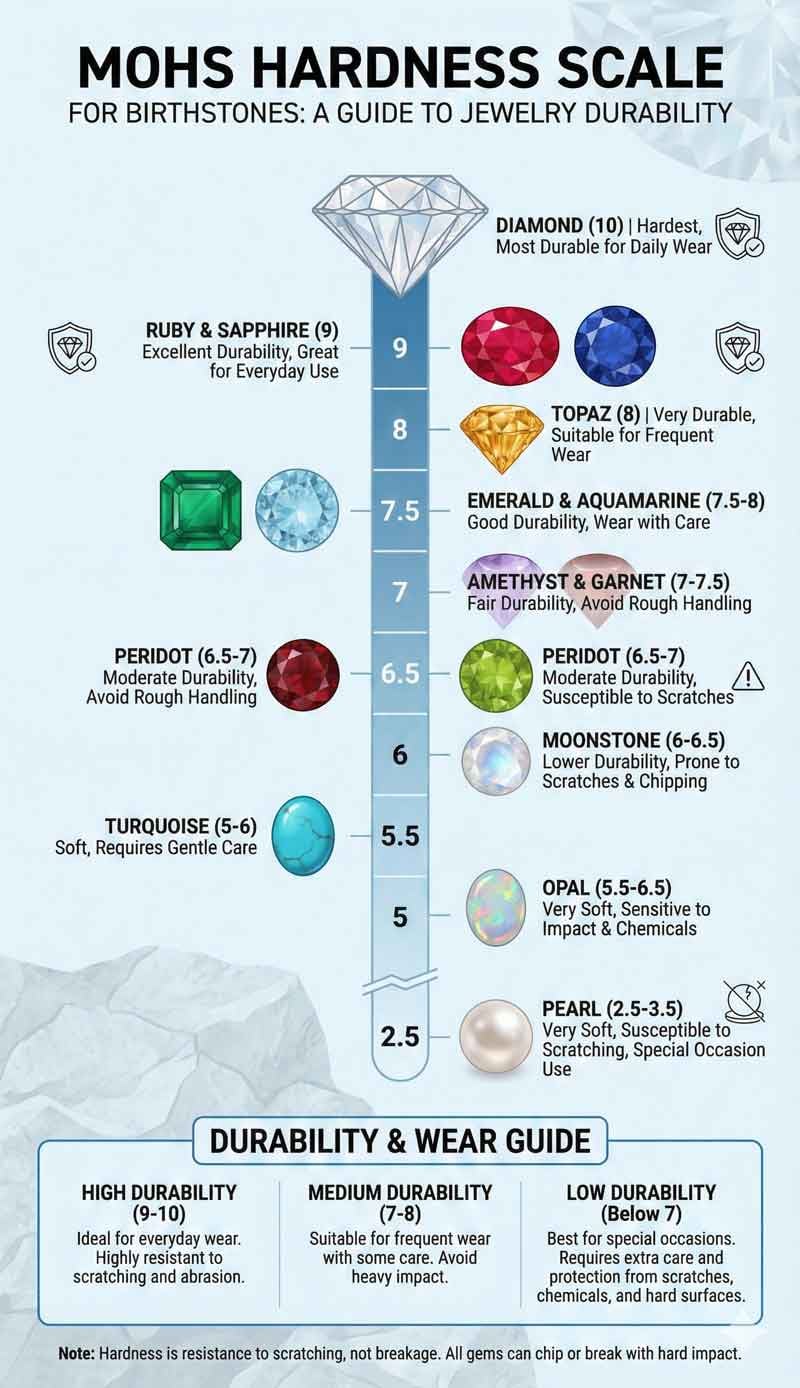 مقياس صلابة موس لأحجار الميلاد يظهر الماس عند 10، الياقوت الأزرق والأحمر عند 9، واللؤلؤ عند 2.5 لمتانة المجوهرات