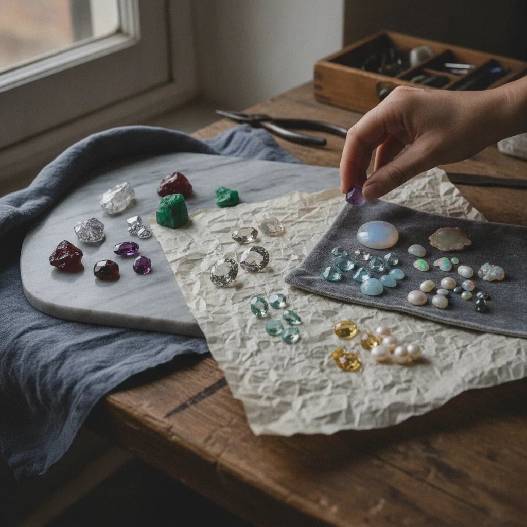 Gemstones grouped by durability, from hard stones on marble to opals and pearls on velvet