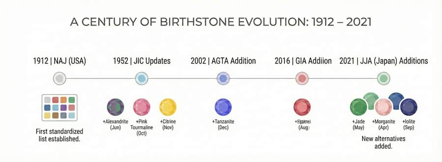 الجدول الزمني لتوحيد أحجار الميلاد من NAJ 1912 إلى الإضافات اليابانية 2021 يظهر التحديثات الحديثة