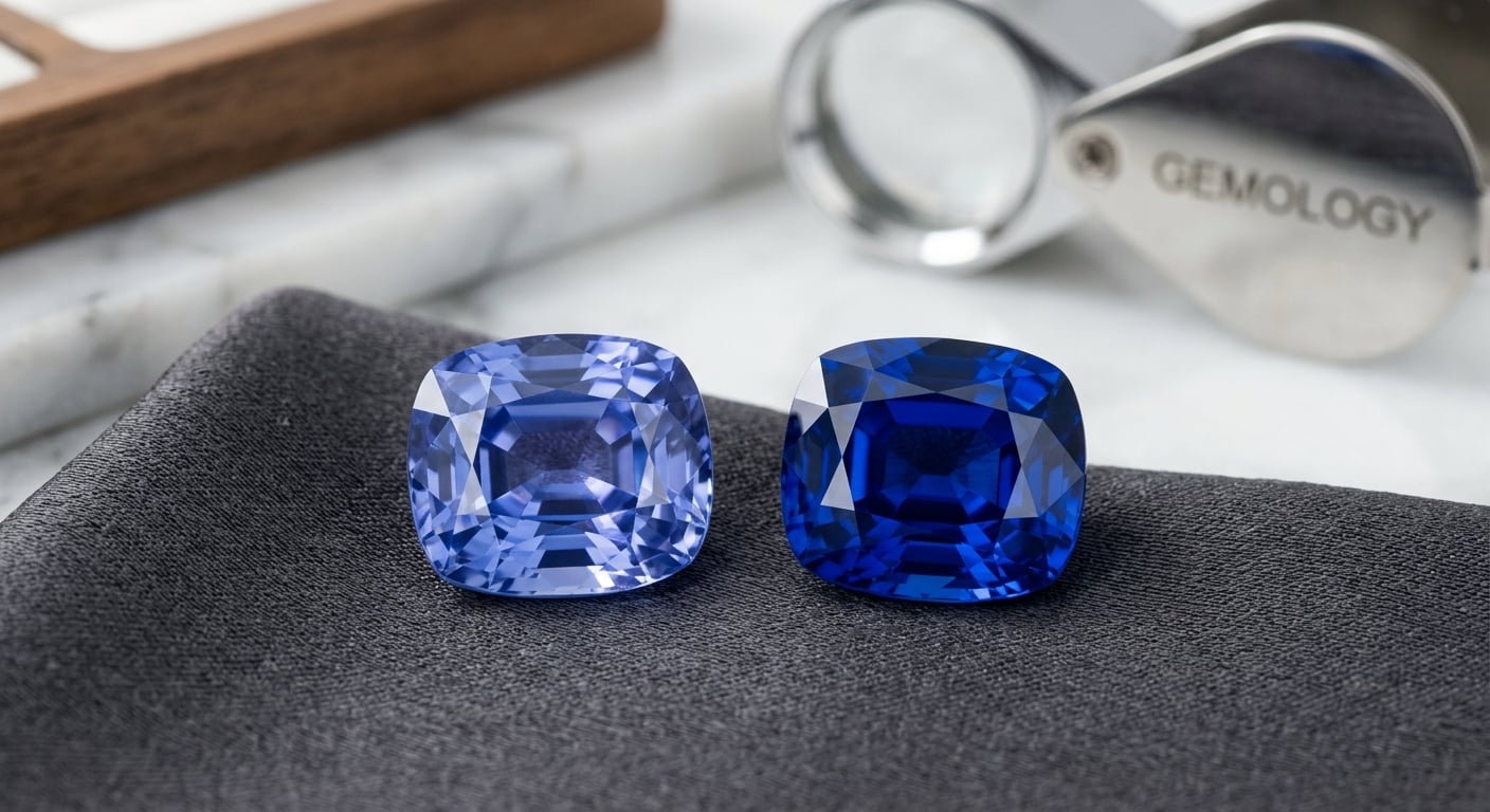 A side-by-side comparison of a Cornflower Blue sapphire and a Royal Blue sapphire, showcasing the different blue sapphire colors.