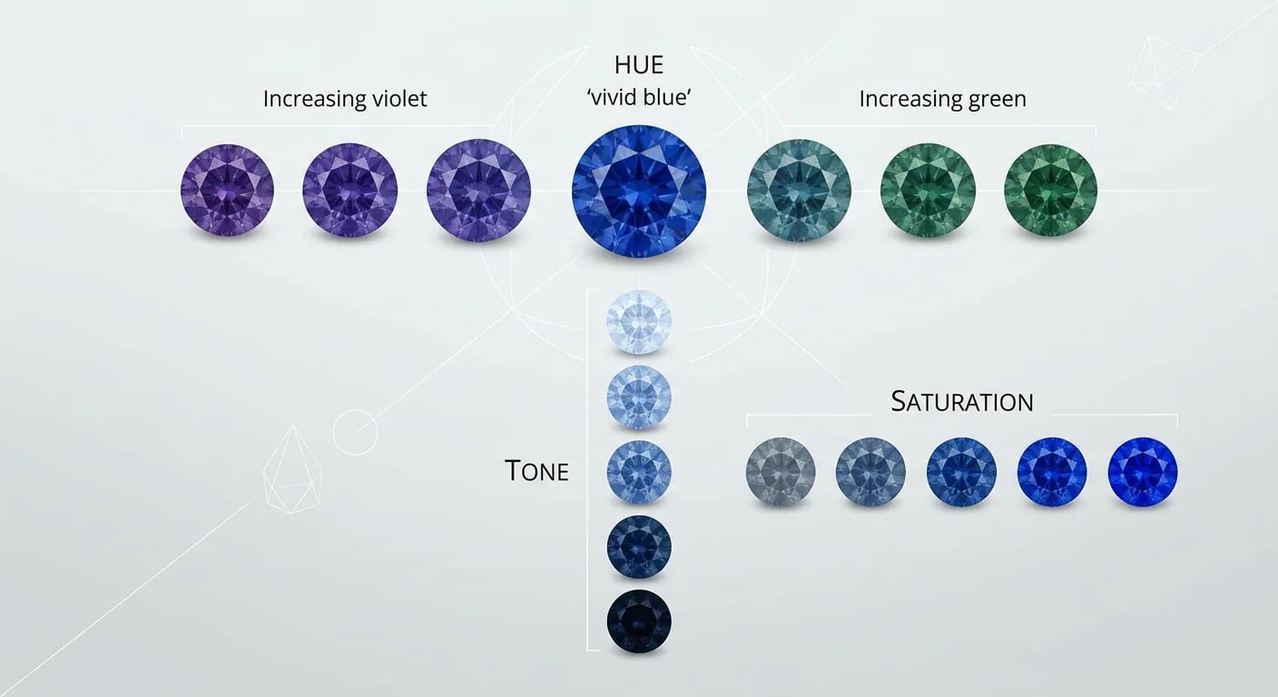 An illustrative diagram demonstrating the GIA color grading system for sapphires, focusing on hue, tone, and saturation.