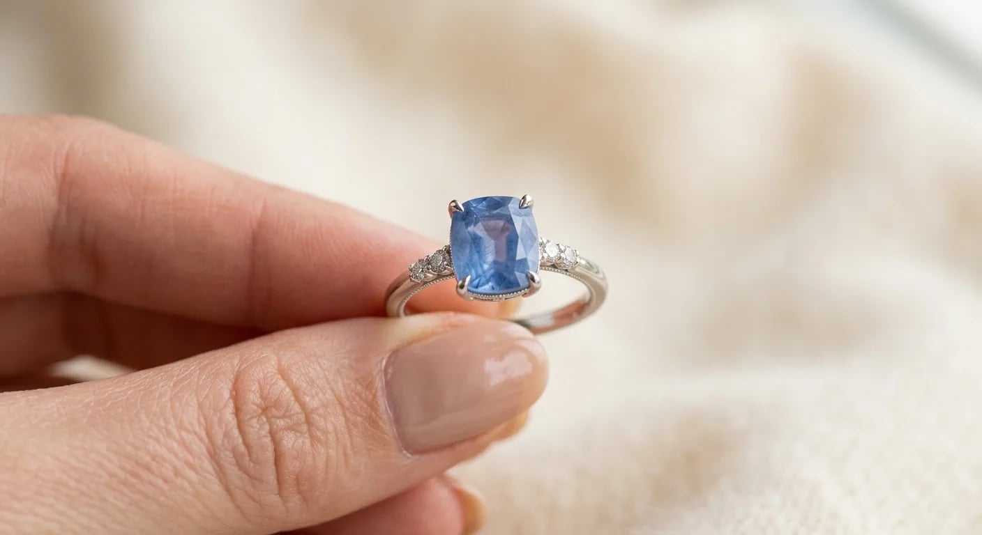 A close-up photograph of a Cornflower Blue sapphire ring, highlighting its unique velvety texture and soft blue color.
