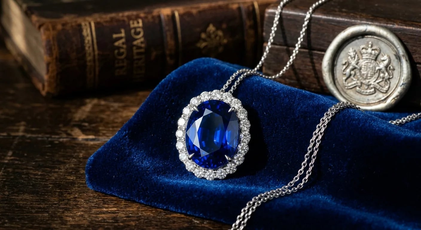 A detailed shot of a Royal Blue sapphire pendant, showcasing its rich, intense blue color and historical elegance.