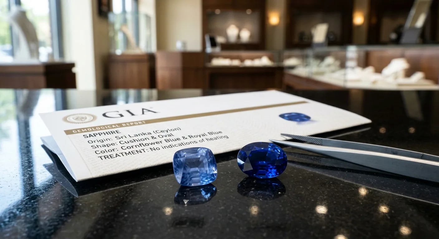 Two exceptional loose sapphires, one Cornflower Blue and one Royal Blue, presented with a gemological report confirming their unheated status.