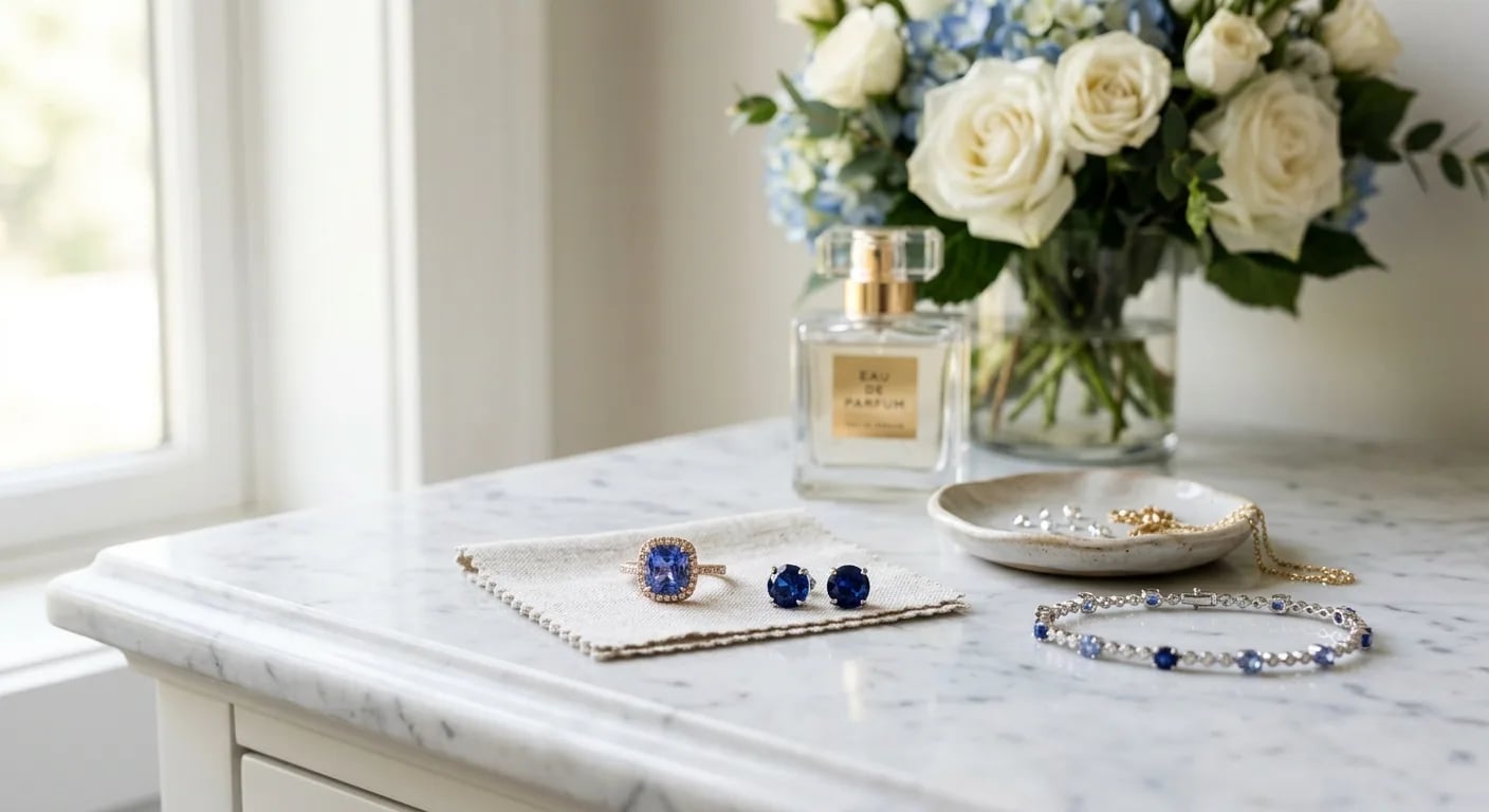 A curated selection of sapphire jewelry, featuring both Cornflower and Royal Blue stones set in different metals, offering styling inspiration.
