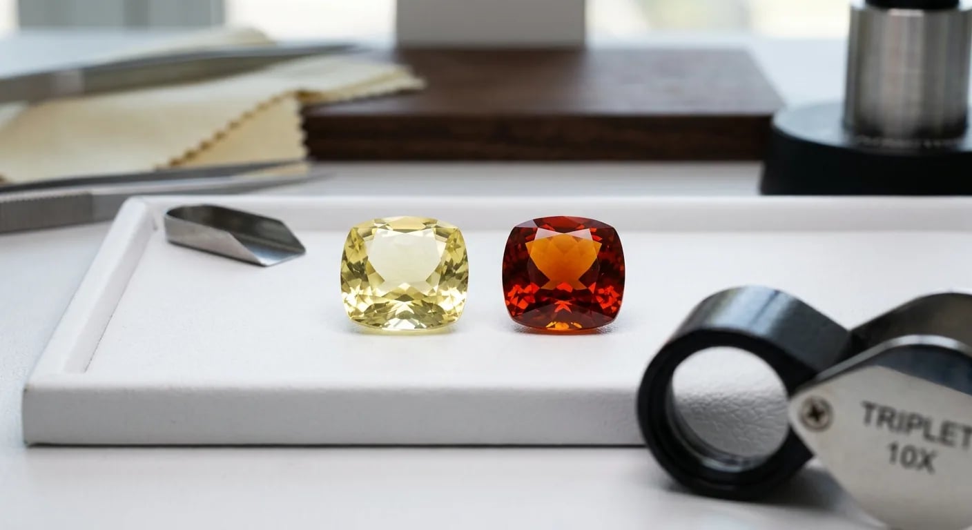 A side-by-side comparison of two loose citrine gemstones: one pale natural citrine and one deep orange heat-treated citrine.