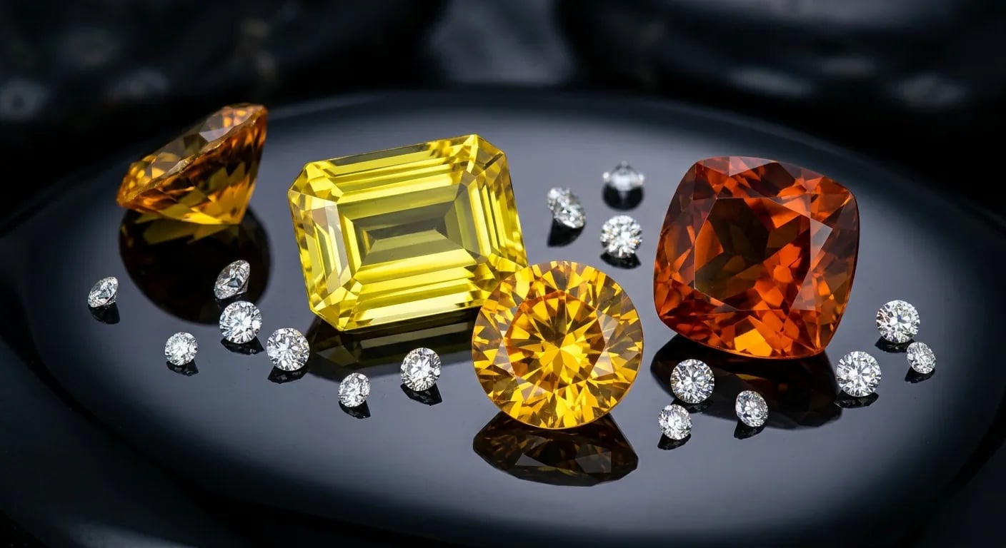 A collection of loose citrine gemstones in various cuts and colors, from lemon to Madeira, highlighting quality and variety.
