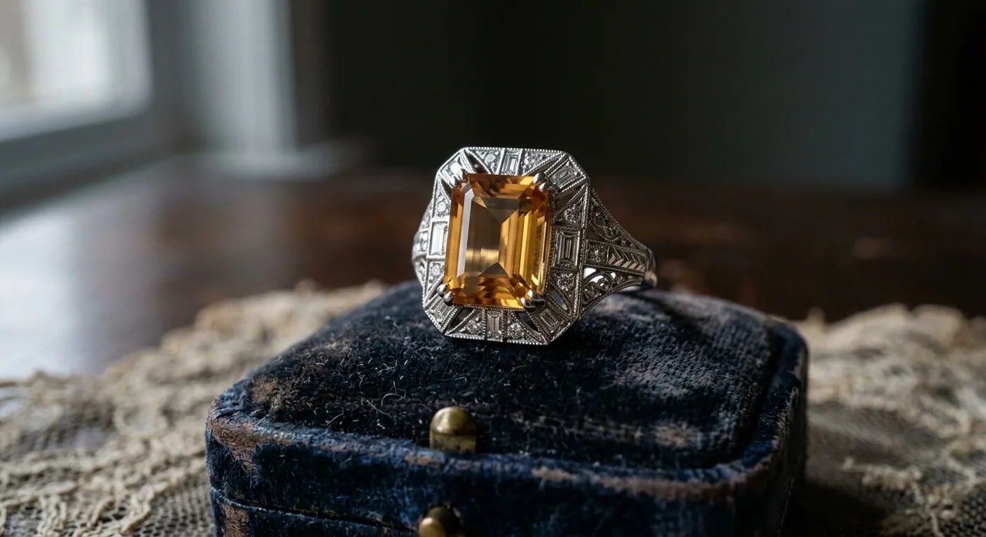 An intricate vintage-inspired citrine and diamond ring in white gold, featuring Art Deco geometric patterns and milgrain detailing.