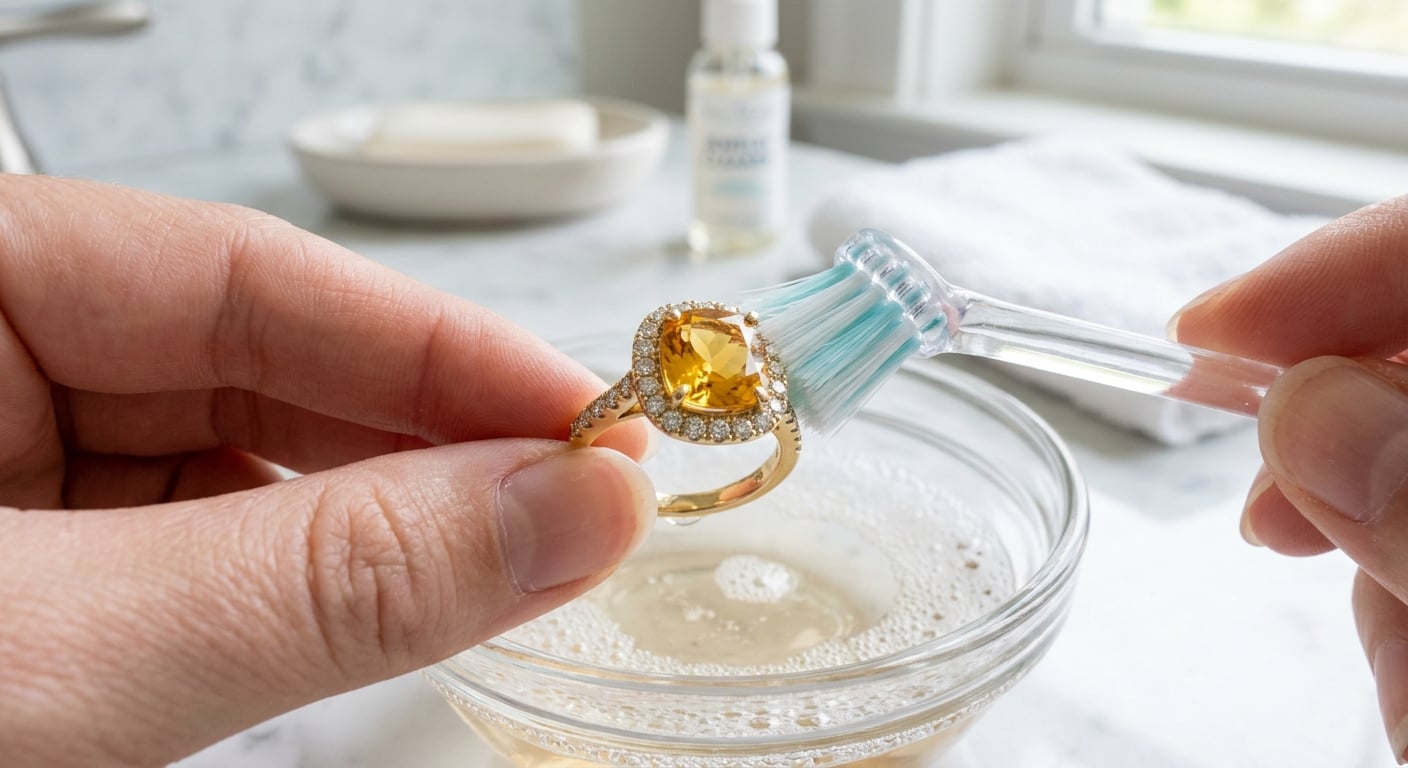 A close-up demonstration of safely cleaning a citrine and diamond ring using a soft toothbrush and mild soapy water.