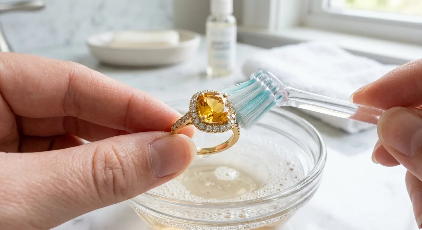 A close-up demonstration of safely cleaning a citrine and diamond ring using a soft toothbrush and mild soapy water.