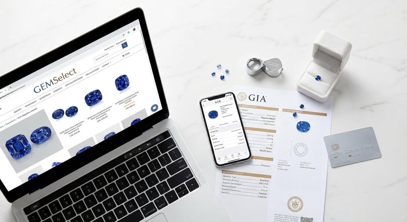 Processus d'achat d'un saphir en ligne avec ordinateur, certificat et outils d'inspection