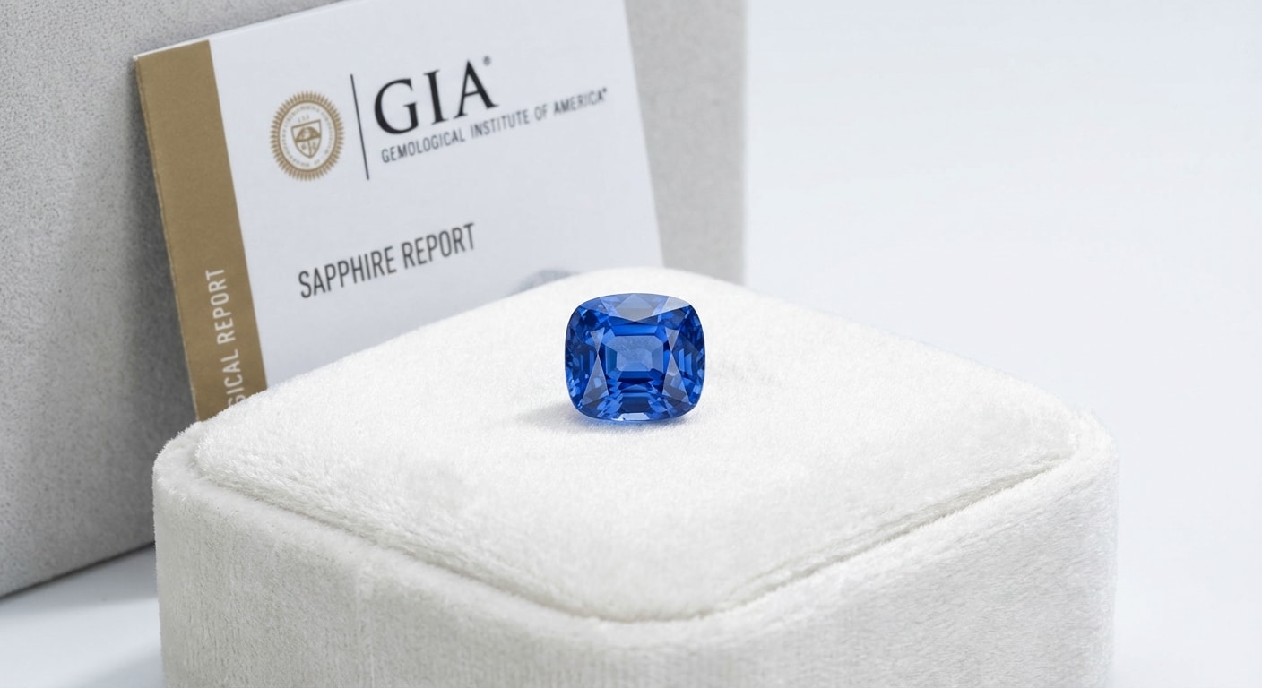 Saphir bleu naturel certifié GIA sur coussin de velours avec certificat d'authenticité