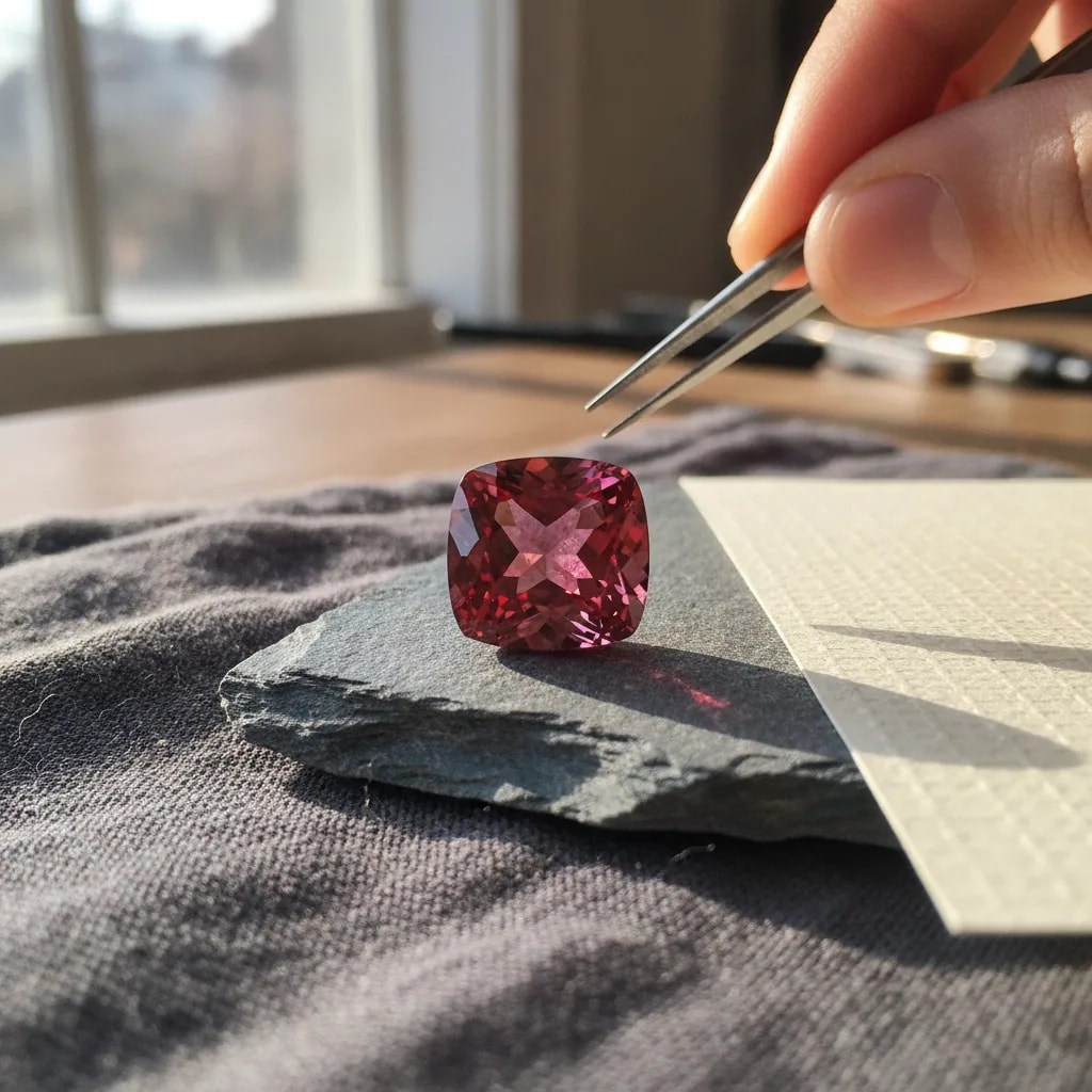 A cushion-cut red spinel on slate in window light, tweezers at hand