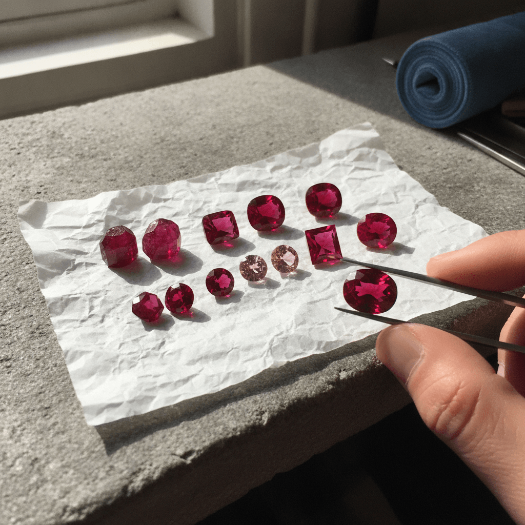 Red spinels and rubies side by side, rough to cut, on gem paper