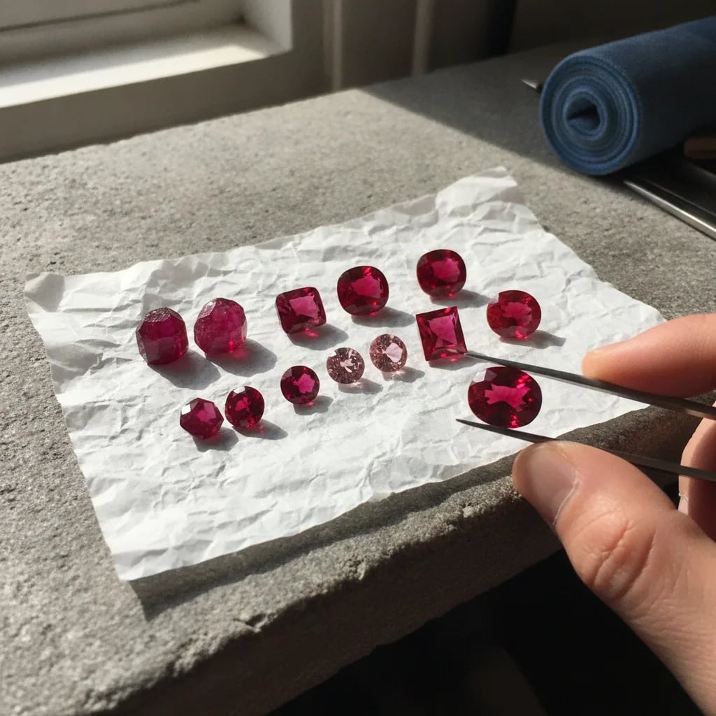 Red spinels and rubies side by side, rough to cut, on gem paper