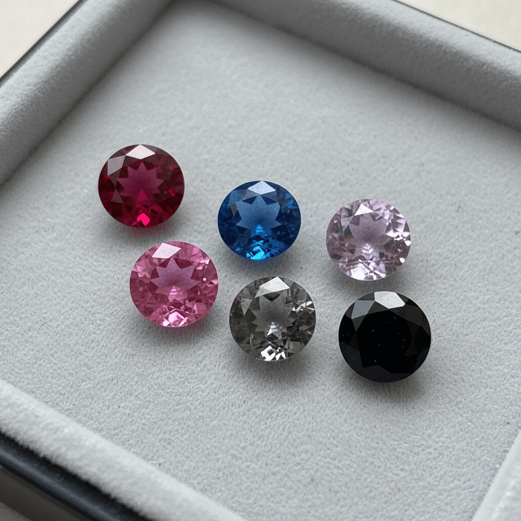 A spread of loose colored spinels in red, hot pink, cobalt blue, lavender, grey and black on a gem tray