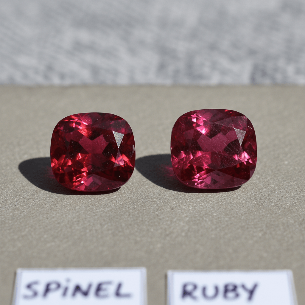 A red spinel and a red ruby side by side, nearly identical in color